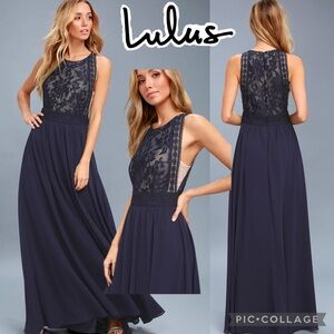 Lulu's Forever and Always Navy Blue Lace Bodice Georgette Maxi Dress Size S‎